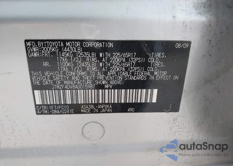 2010 Toyota Rav4 z USA, uszkodzony, nr VIN JTMZF4DV8AD015987